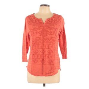 Lucky Brand Top L V-Neck Embroidered Semi Sheer Striped 3/4 Sleeves Boho Orange